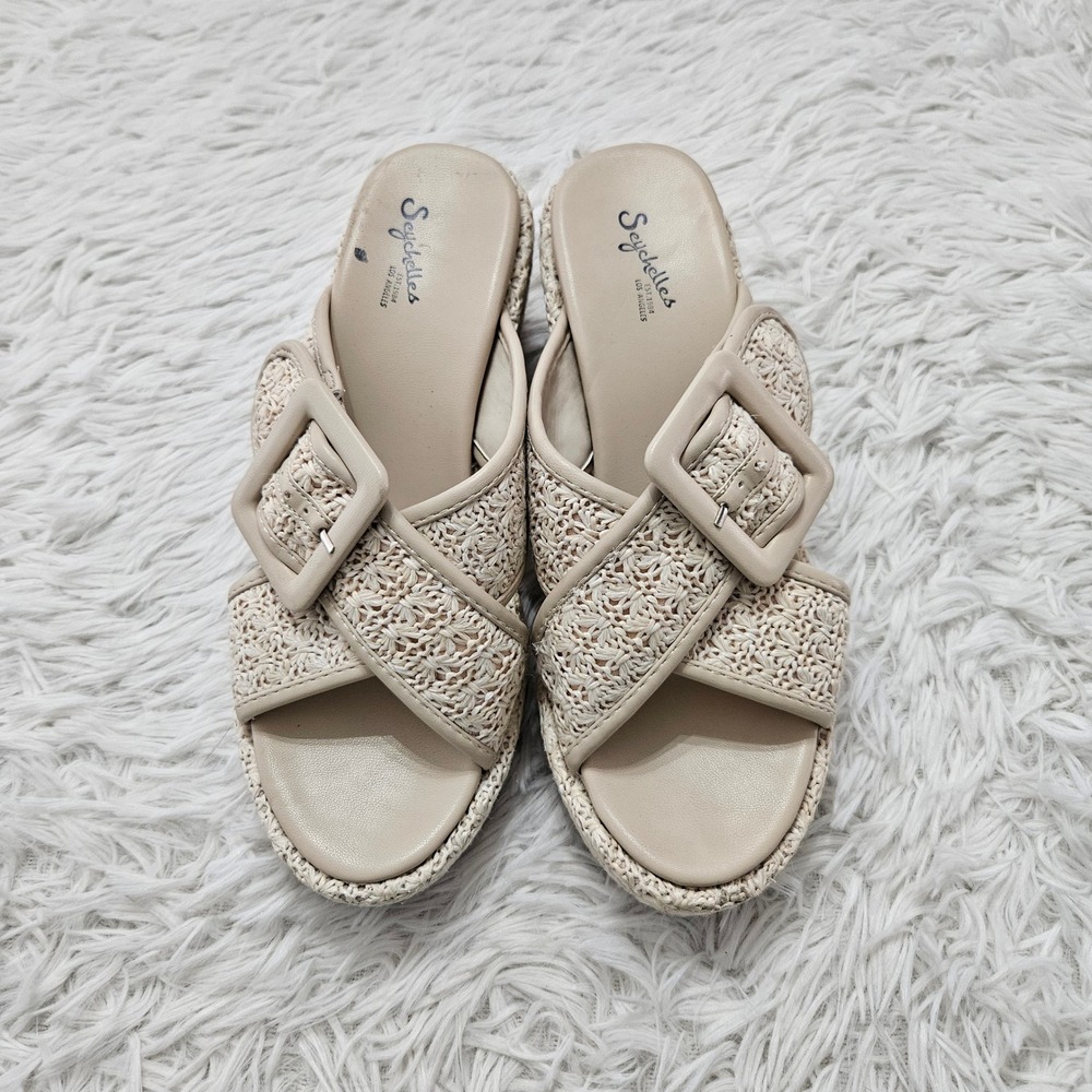 Seychelles Calli Cream Woven Raffia Platform Wedge Slide Sandals Sz 8.5 Coastal